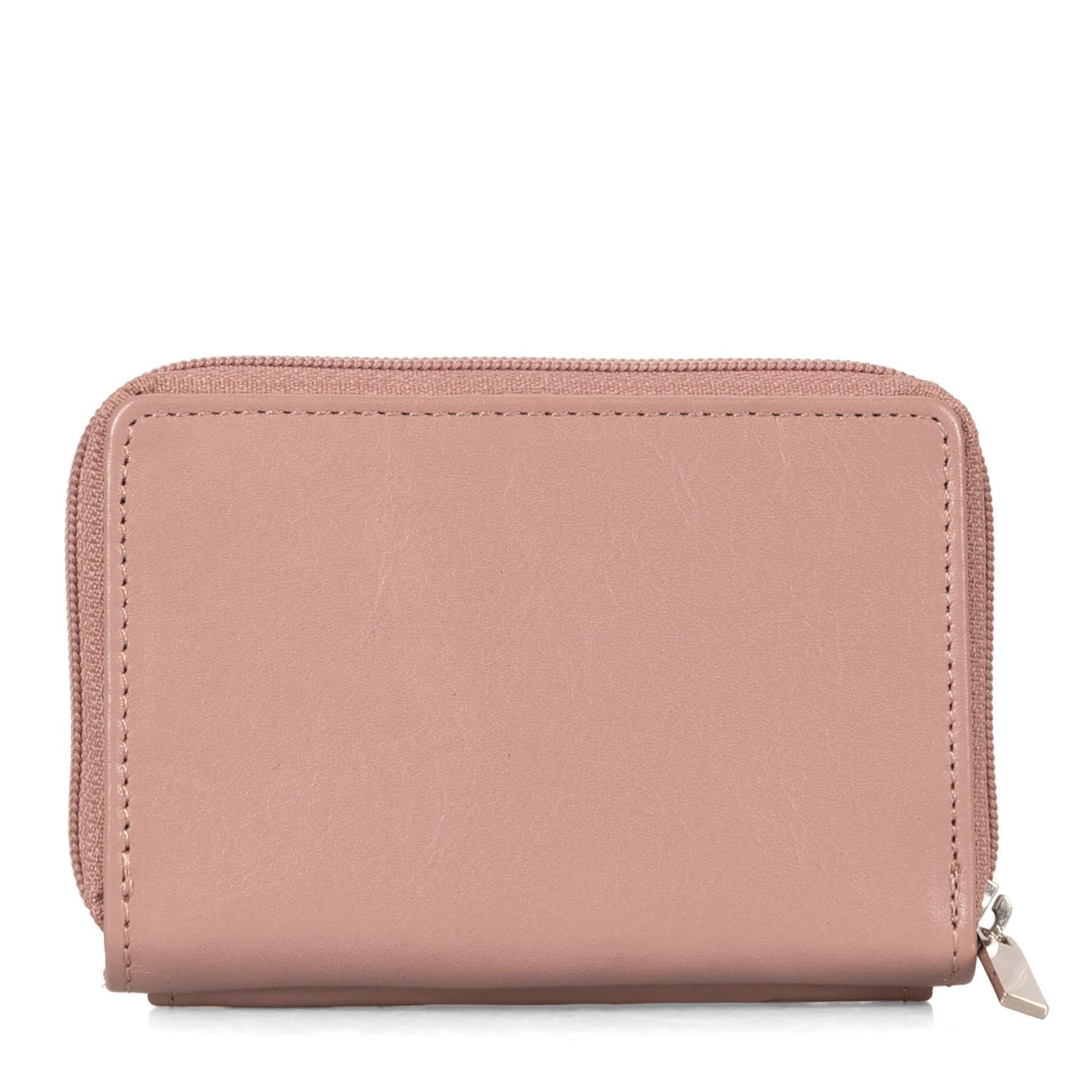 Back side of a pink card holder called basics by tracker, showing its soft leather texture.