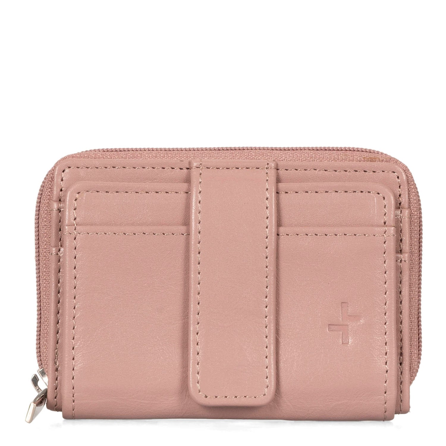 Front side of a pink card holder called basics by tracker, showing its 2 front card slots and closure strap.
