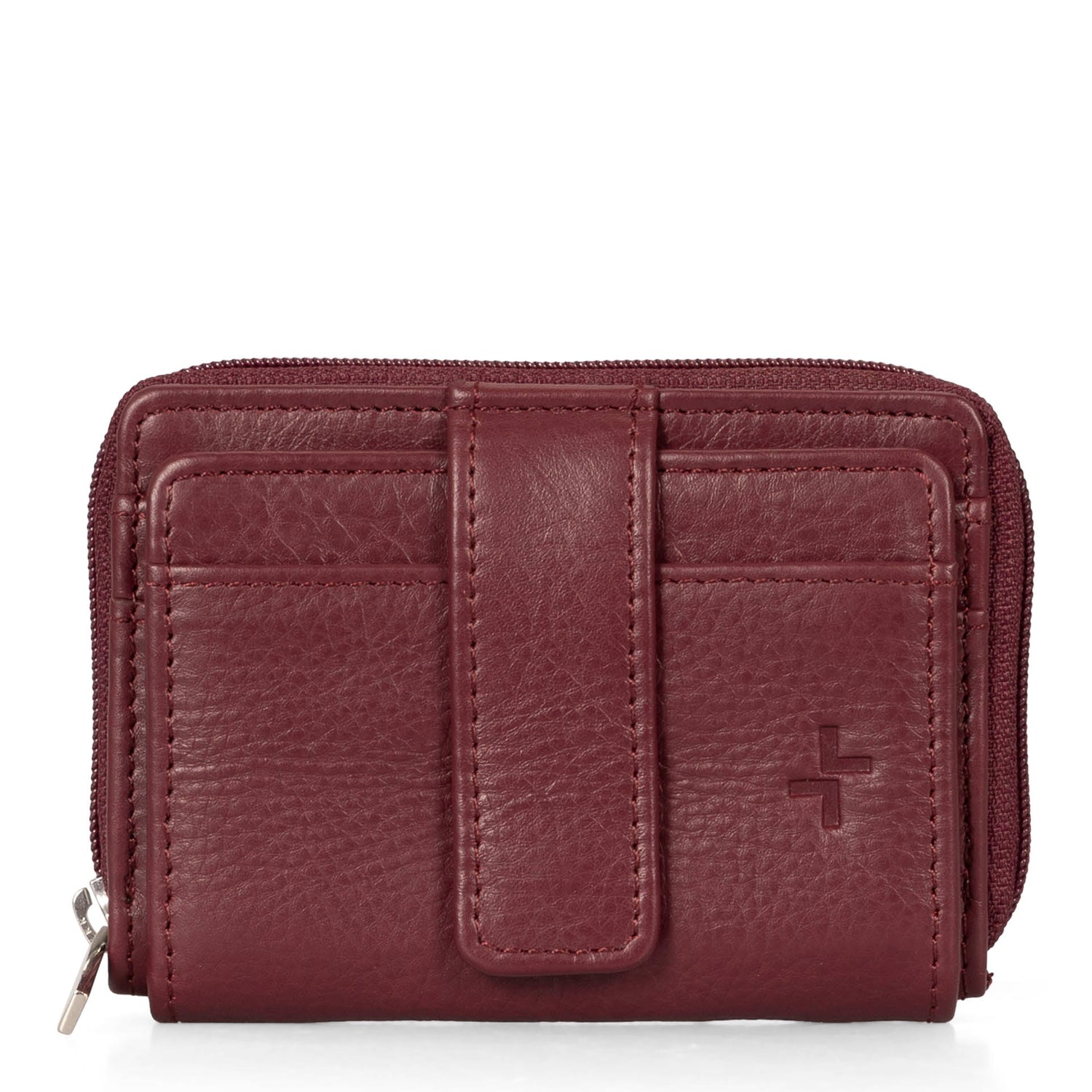 Front side of a burgundy card holder called basics by tracker, showing its 2 front card slots and closure strap.