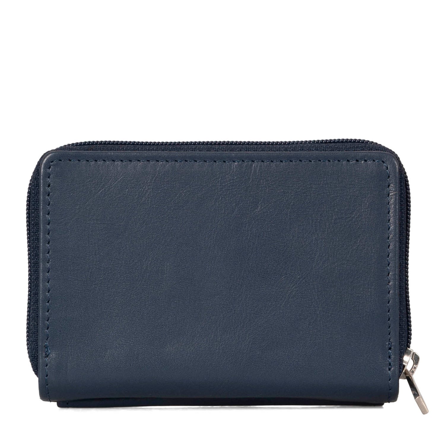 Back side of a blue card holder called basics by tracker, showing its soft leather texture.