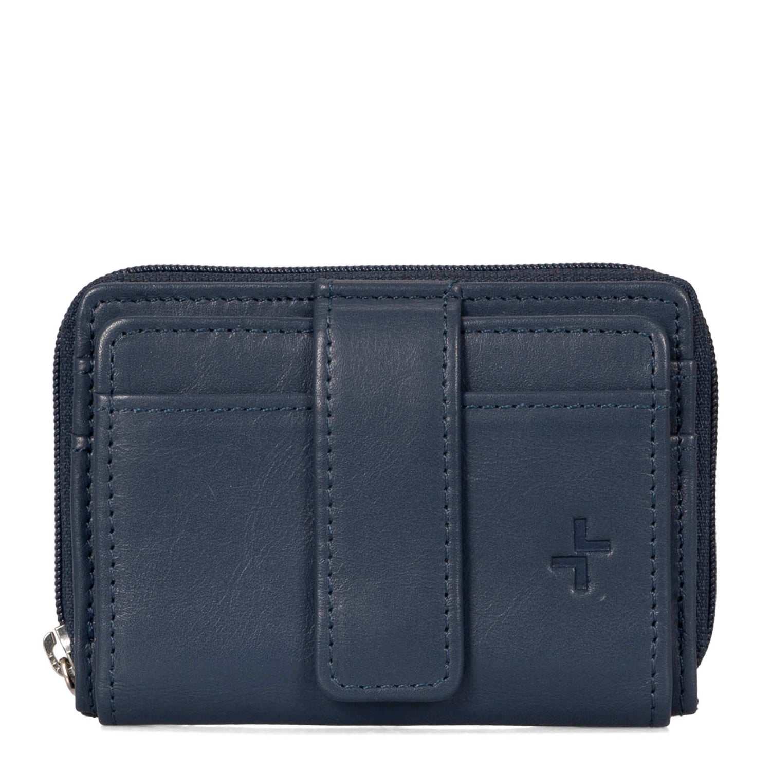 Front side of a blue card holder called basics by tracker, showing its 2 front card slots and closure strap.
