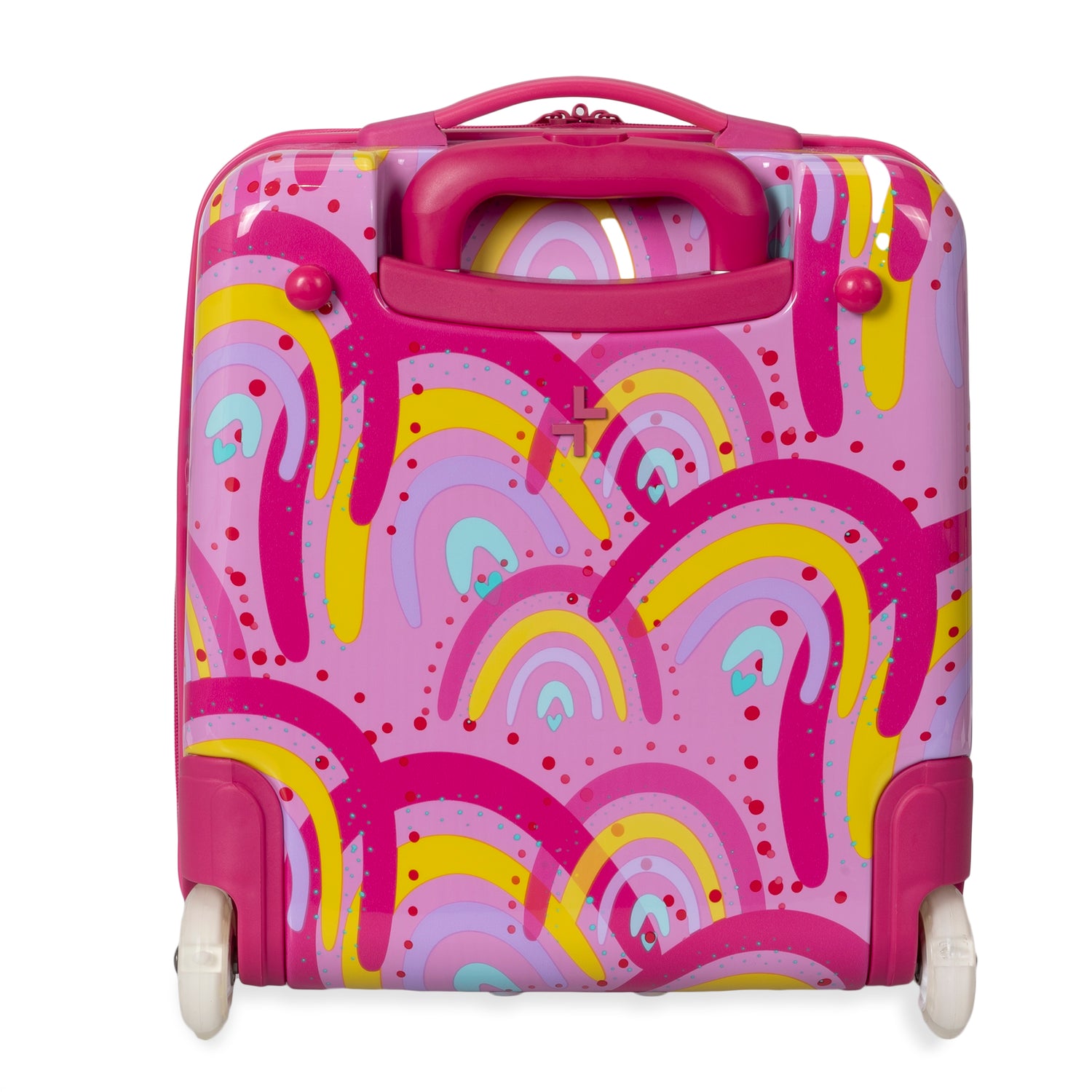 Backside of a pink and yellow, rainbow-print kids luggage designed by Triforce on a white background.