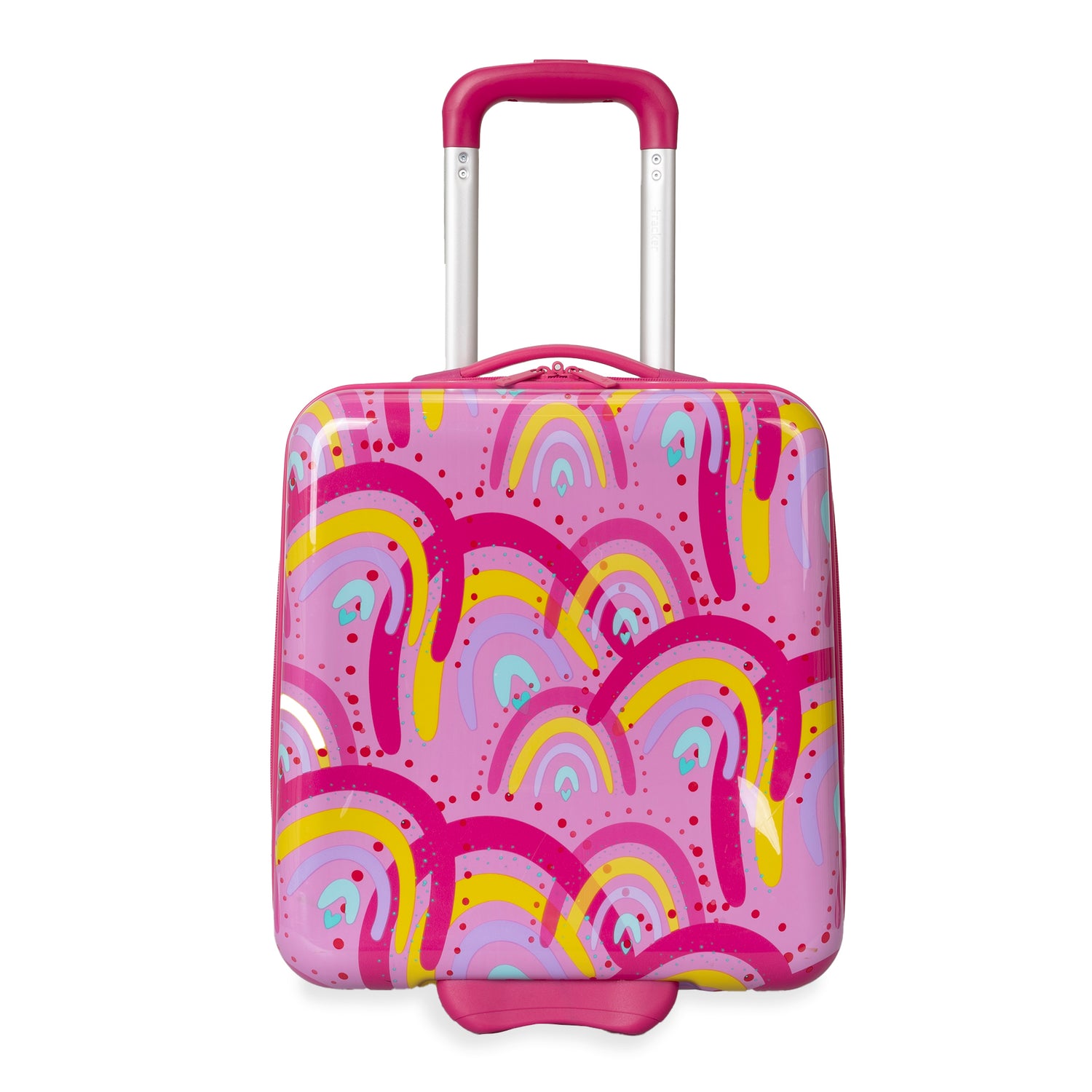 Front side of a kid's luggage with a colourful print of rainbows designed by travel brand Triforce on a white background, showcasing its telescopic handle.