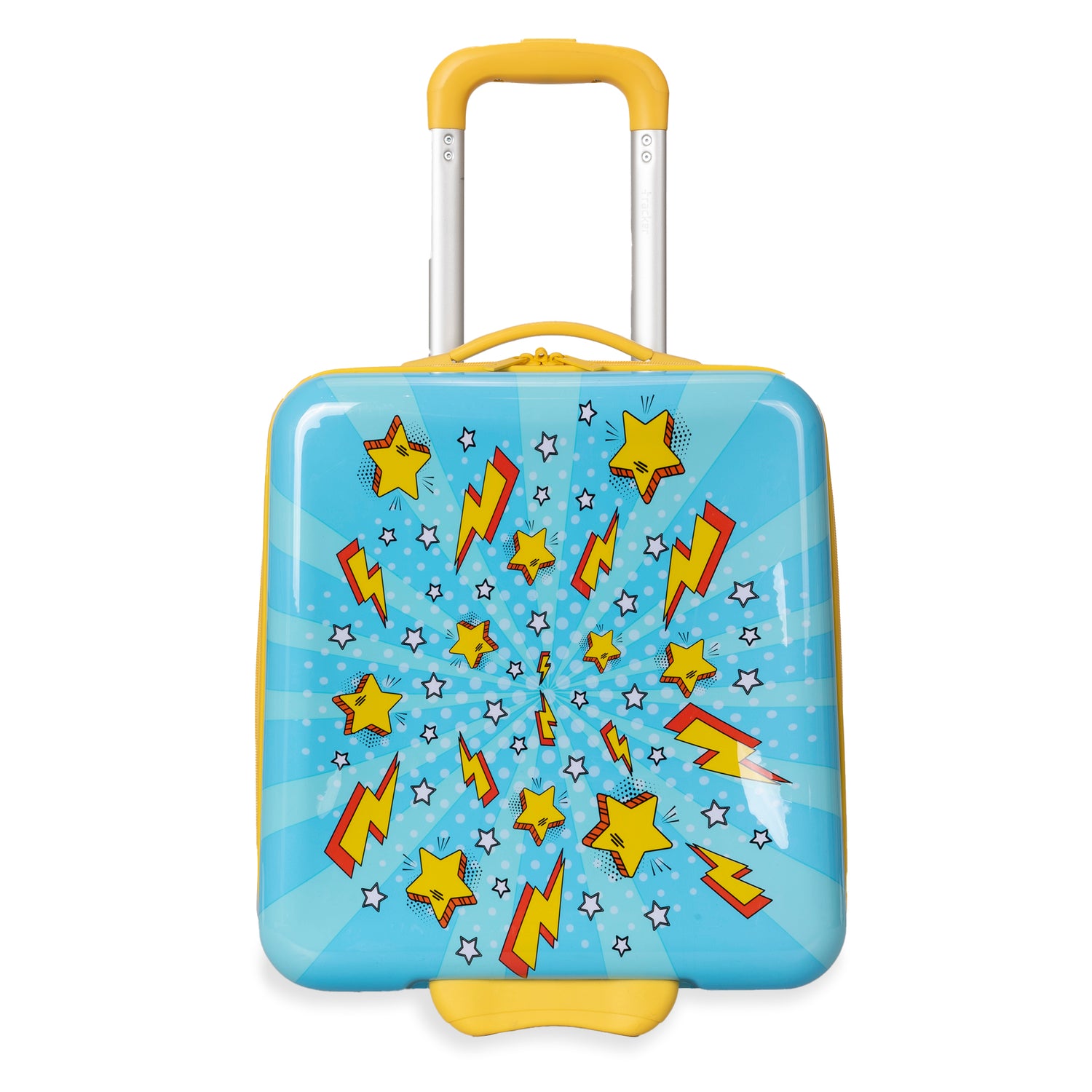Front side of a kid's carry-on luggage with a colourful blue and yellow print of lightning and starry designed by travel brand Triforce on a white background, showcasing its telescopic handle.