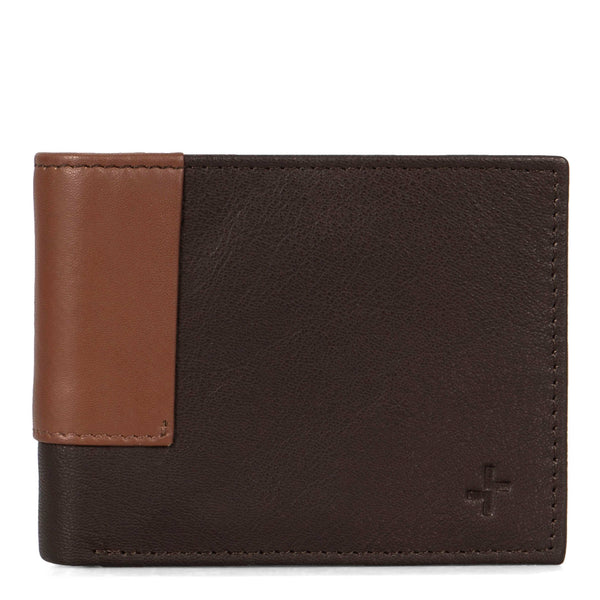 Front side of a two-toned brown cognac leather wallet called colwood designed by Tracker, show casing its supple texture and tracker logo at the bottom right corner.