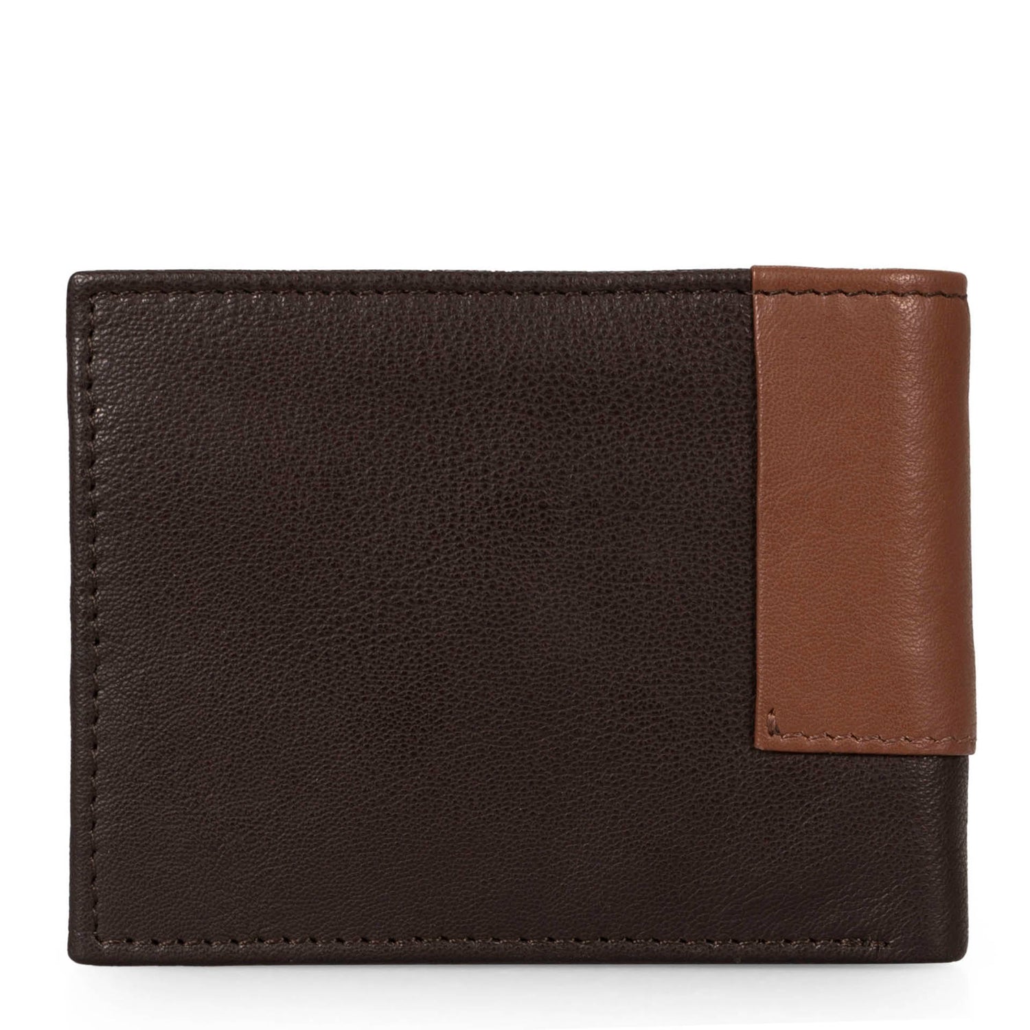 Back side of a dark brown and light brown wallet called Calwood designed by Tracker, showcasing a soft leather texture.