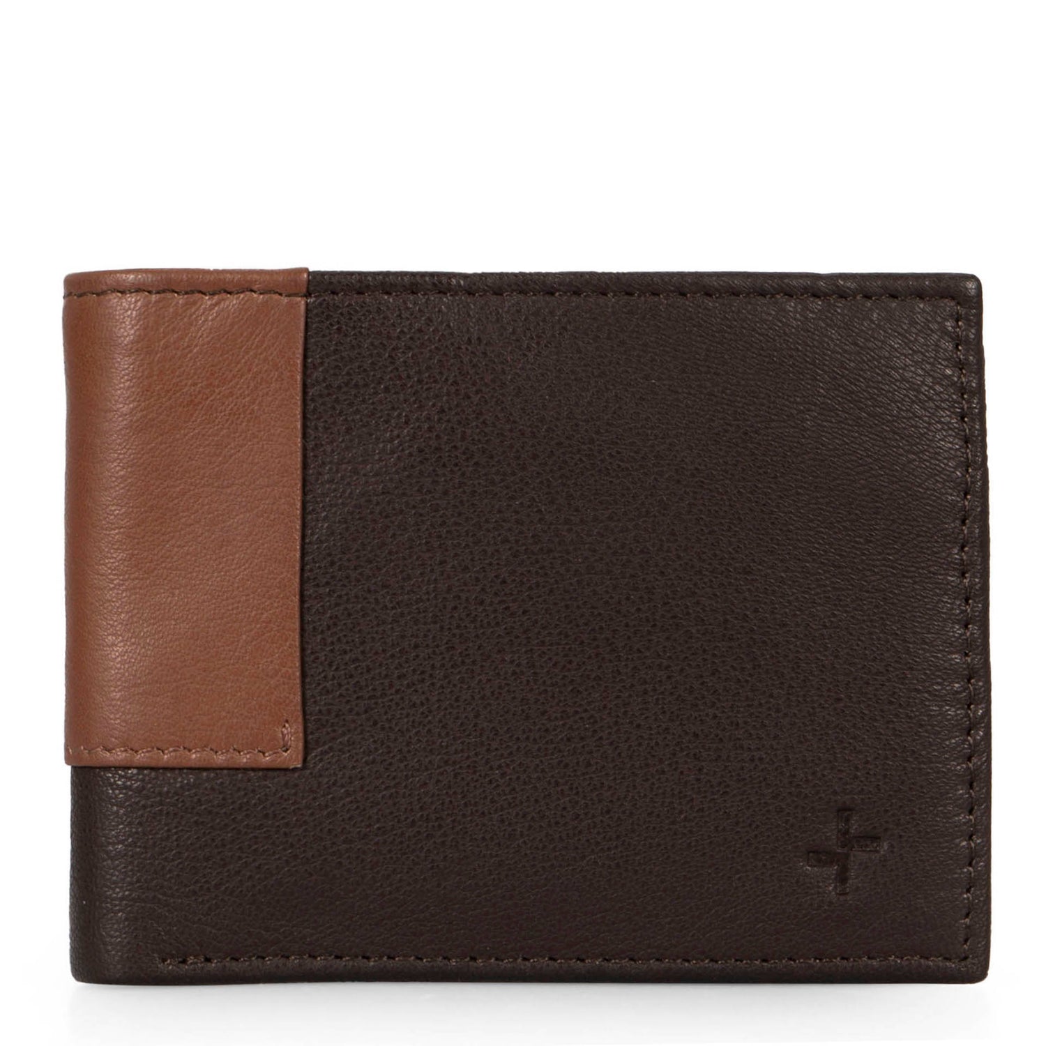Front side of a dark-light brown wallet called Calwood designed by Tracker, showcasing the tracker logo at the bottom right corner and soft leather texture.