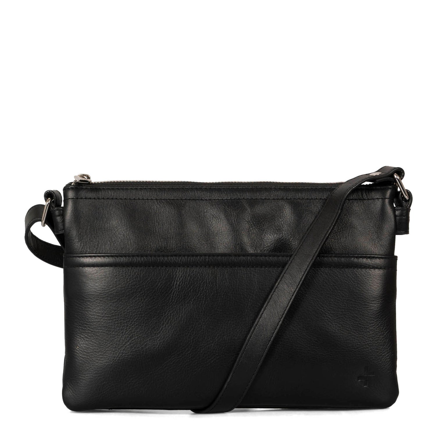 Back view of a black crossbody bag called Basics designed by Tracker showing its supple leather texture and strap.