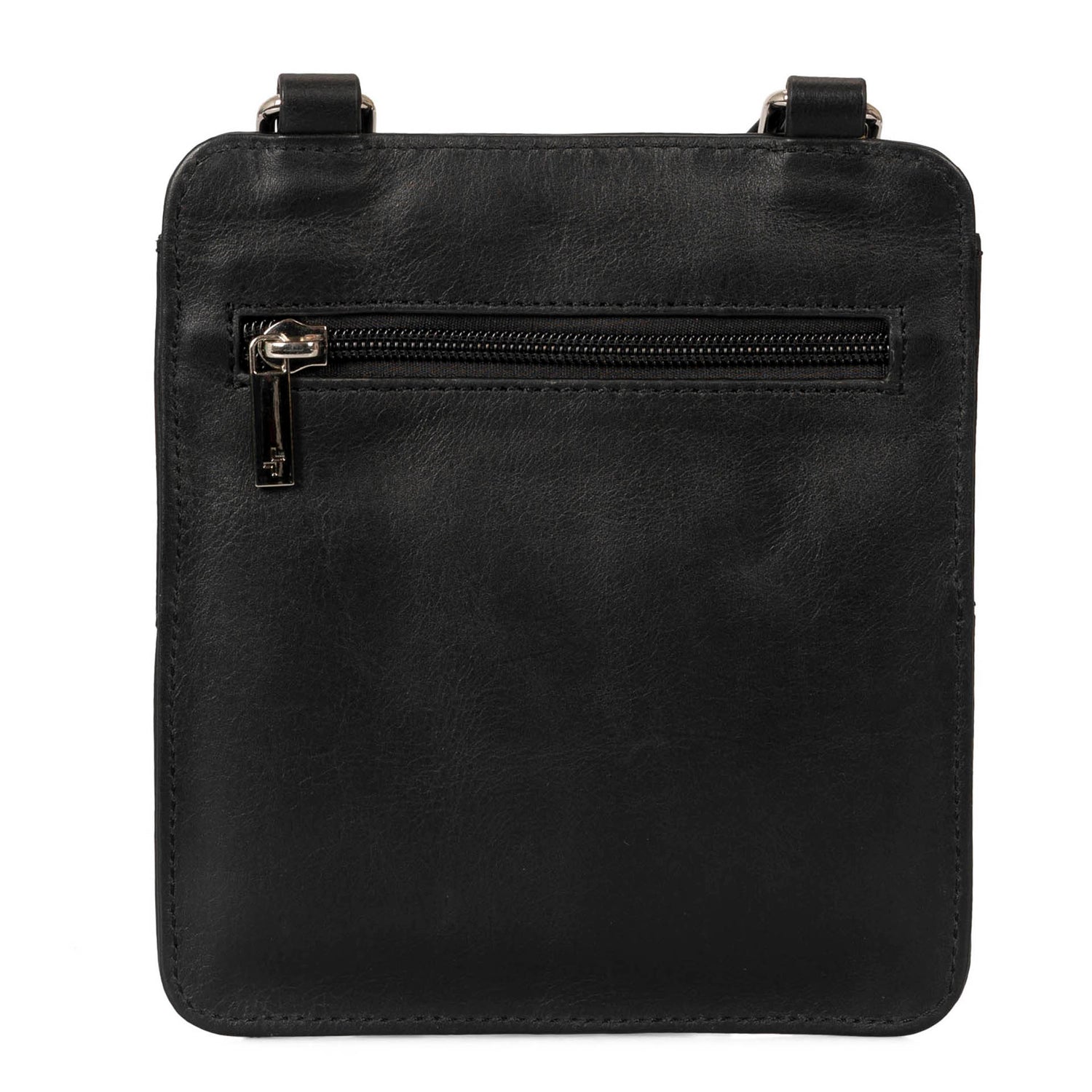 Back view of a black slim crossobdy bag called Basics designed by Tracker showing its supple leather, crossbody strap, and exterior zipper pocket.