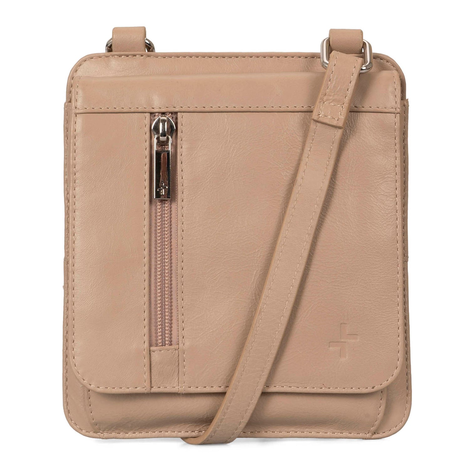 Front view of a beige slim crossobdy bag called Basics designed by Tracker showing its supple leather, crossbody strap, and exterior zipper pocket.