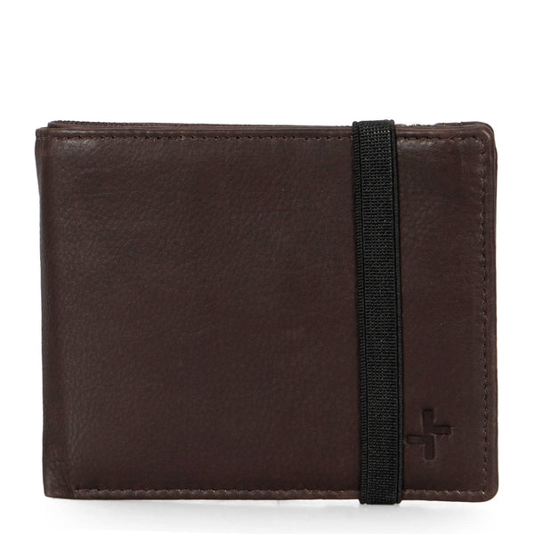 Front of a brown leather wallet called Hudson designed by Tracker on a white background, showcasing its supple leather and elastic band.