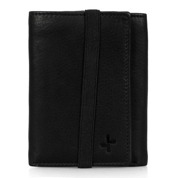 Front view of a black wallet called Hudson designed by Tracker on a white background, showcasing its elastic band.