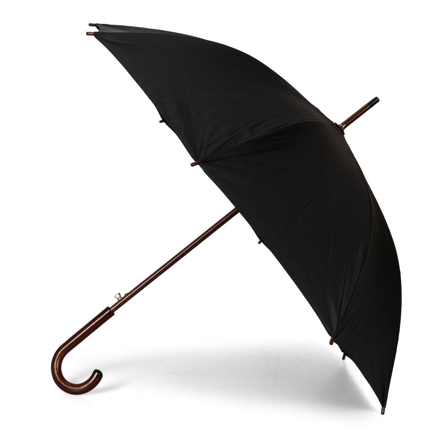 Side view of a unisex black umbrella called Long Auto Open from Tracker that's leaned on the opened top part, showcasing its dark-birch-coloured handle.