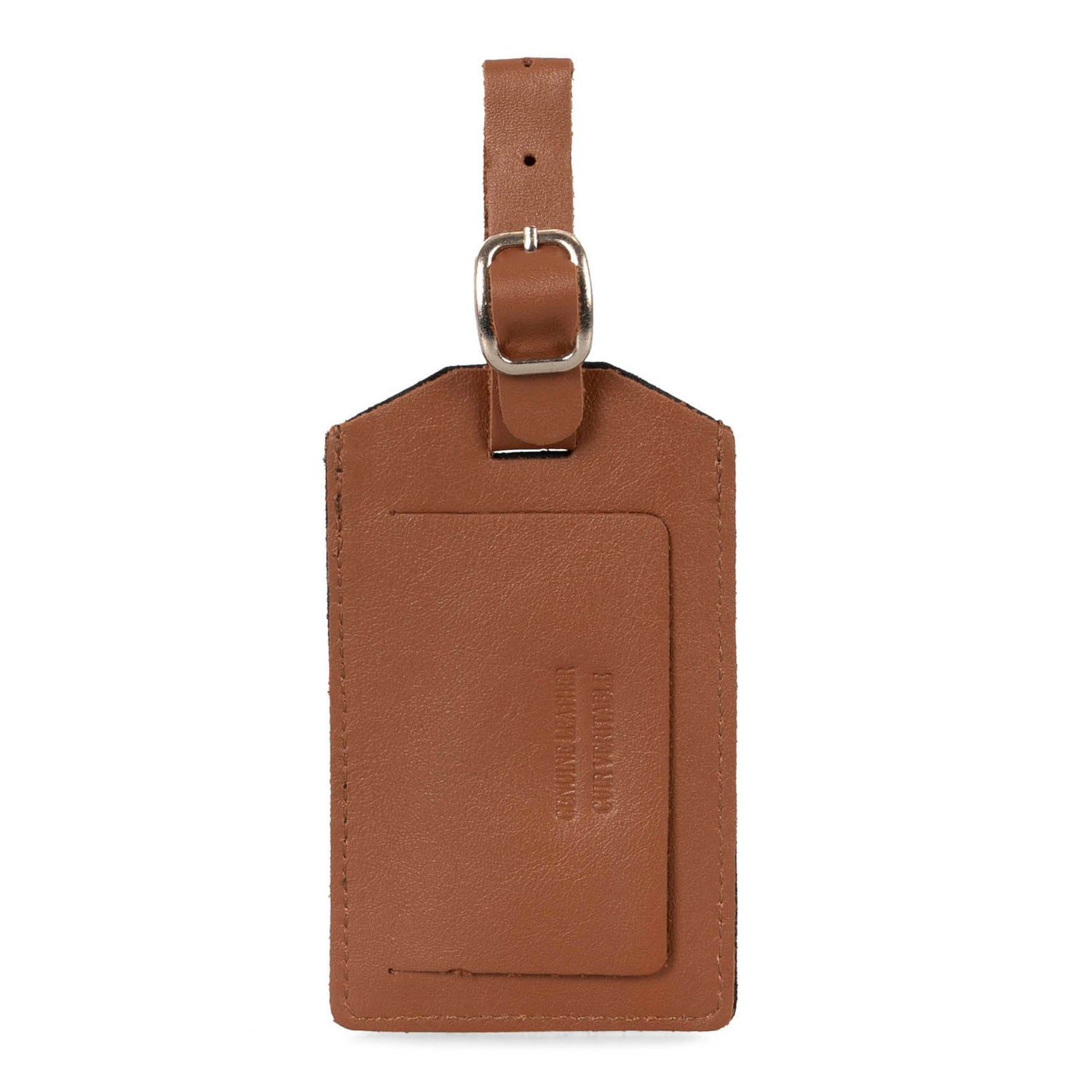 Front side of a brown leather luggage tag designed by Tracker showing its supple texture and brown strap.