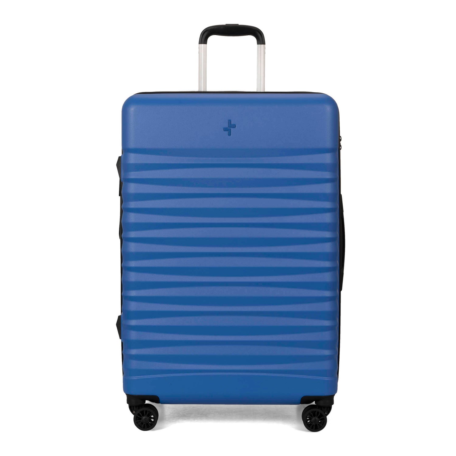 Front side of a blue luggage called Oceanside Hardside 29" Luggage designed by Tracker showing its telescopic handle, linear shell pattern, spinner wheels.