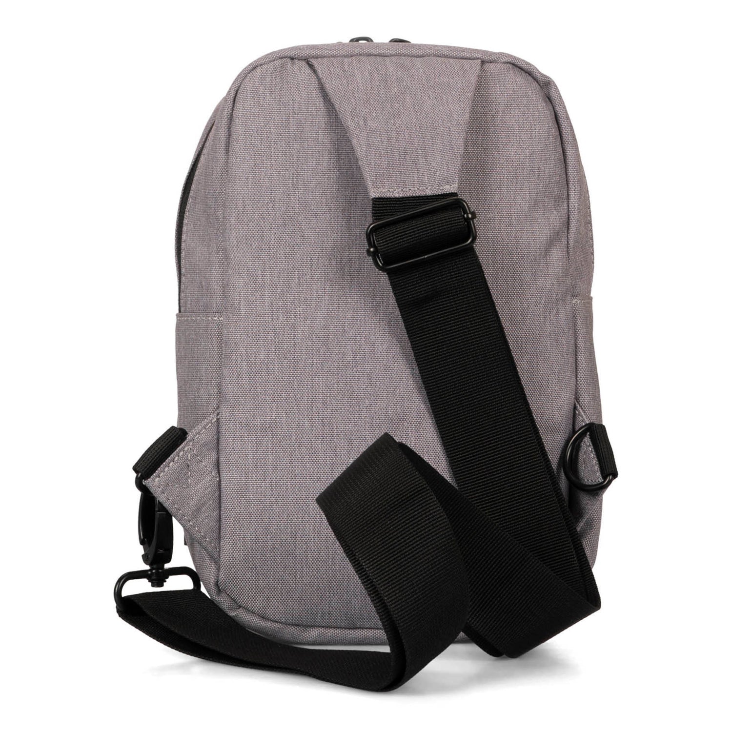 Back side of a grey sling bag called Nelson designed by Tracker showing its textured polyester and sling strap.