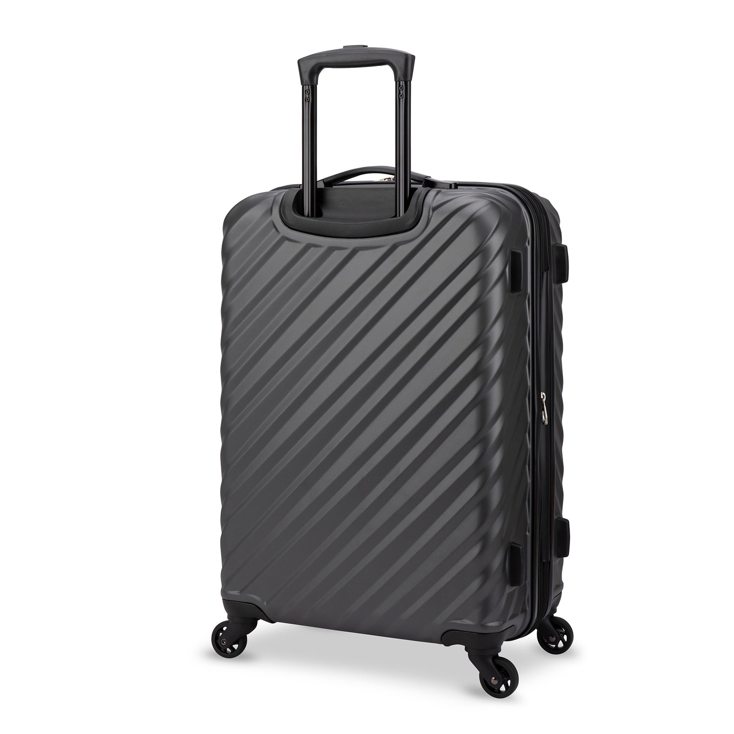 Back side view of a black hard side luggage called MOD designed by Swiss Gear sold at Bentley, showcasing its telescopic handle and resistant-absorbant texture.