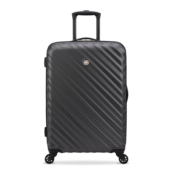 Front side view of a black hard side luggage called MOD designed by Swiss Gear sold at Bentley, showcasing its telescopic handle and resistant-absorbant texture.