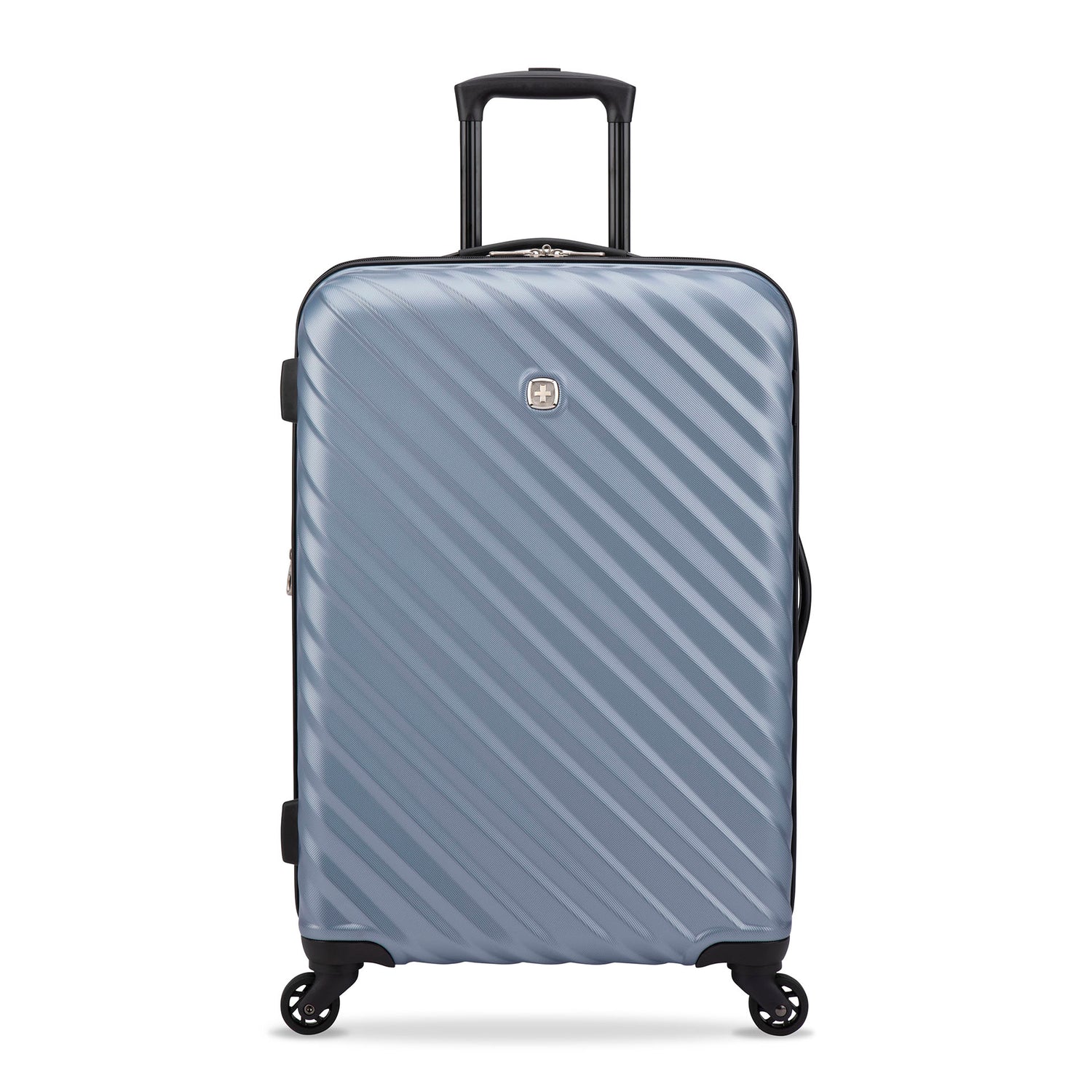 Front side view of a silverish blue hard side luggage called MOD designed by Swiss Gear sold at Bentley, showcasing its telescopic handle and resistant-absorbant texture.