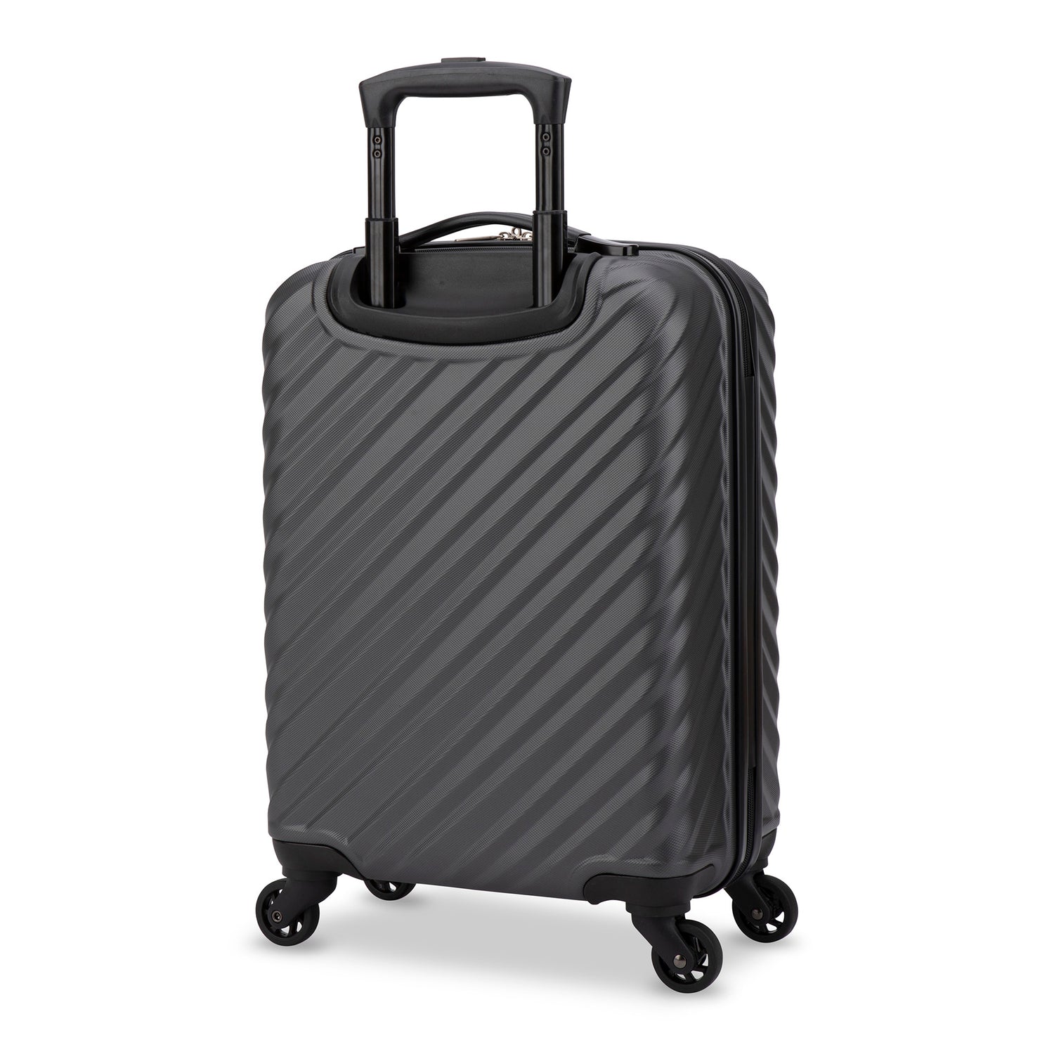 Back side view of a black hard side luggage called MOD designed by Swiss Gear sold at Bentley, showcasing its telescopic handle and resistant-absorbant texture.