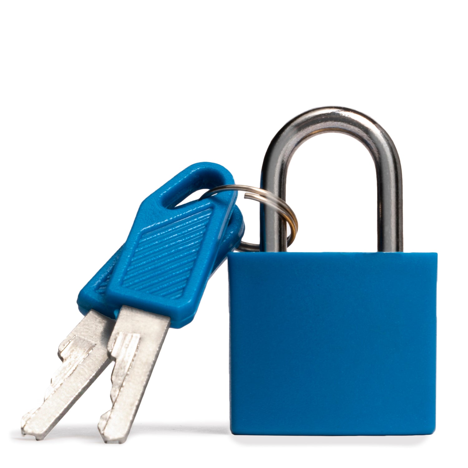 Two blue keys leaning on a blue lock designed by tracker showing its ABS texture and shiny metal.