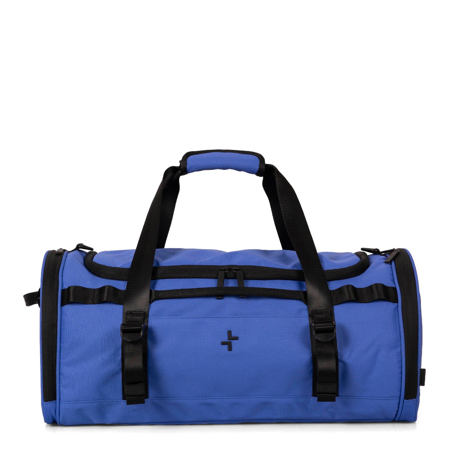 Front side of a blue duffle bag called Banff designed by Tracker showing its top handles, front tracker logo, and multiple zippers.