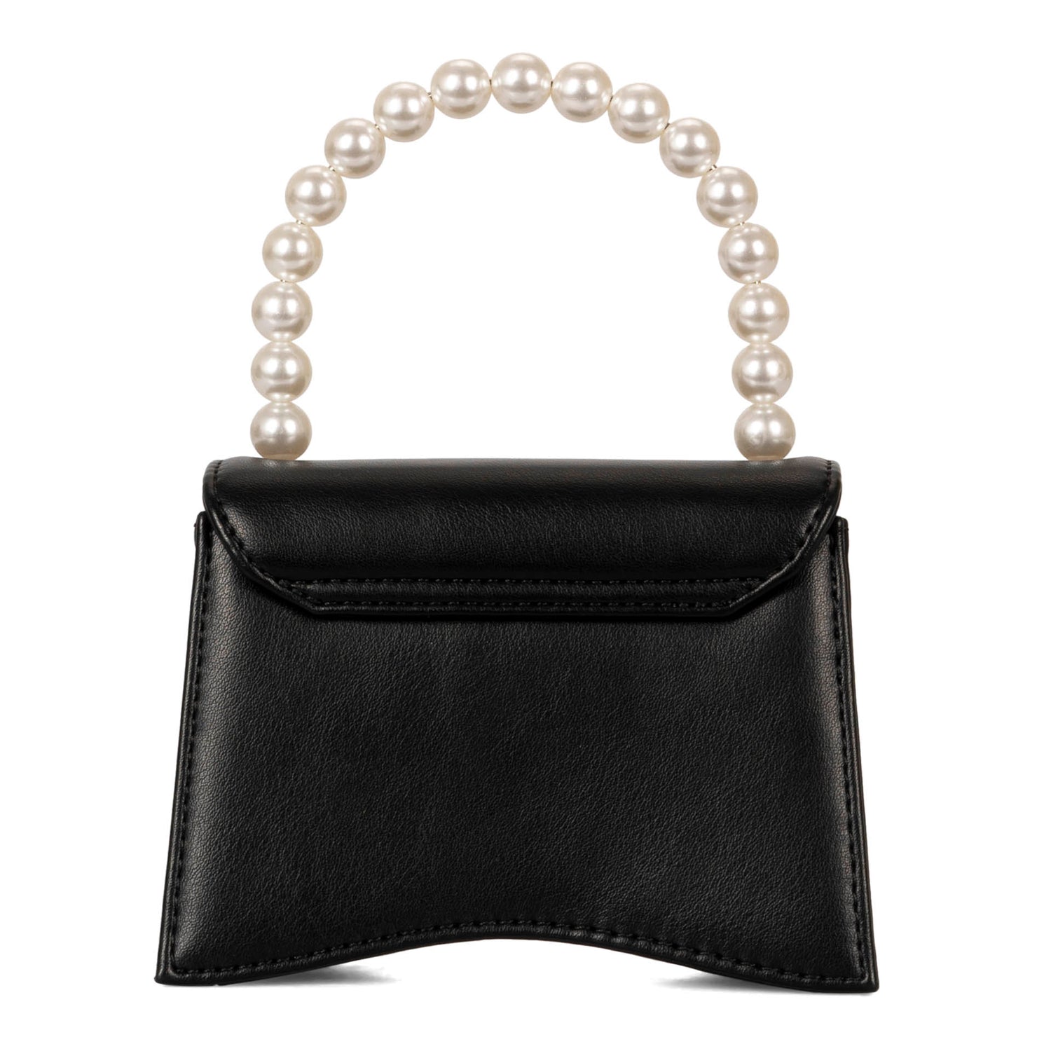 Back side view of a black vegan mini crossbody bag called Evening designed by Riona showcasing its pearl-like handle and smooth PU texture.