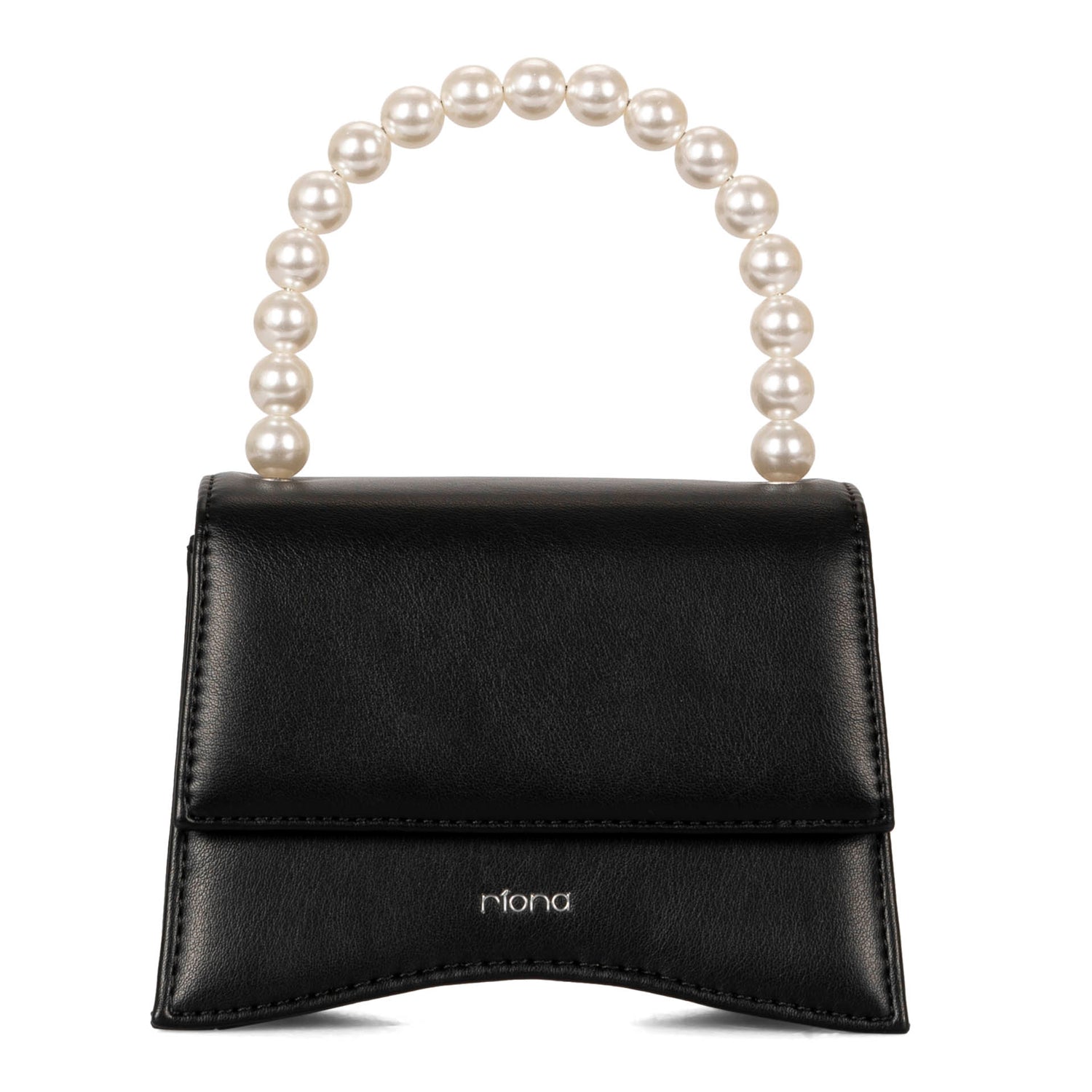 Front side view of a black vegan mini crossbody bag called Evening designed  by Riona showcasing its pearl-like handle, smooth PU texture, and Riona branded on the front.