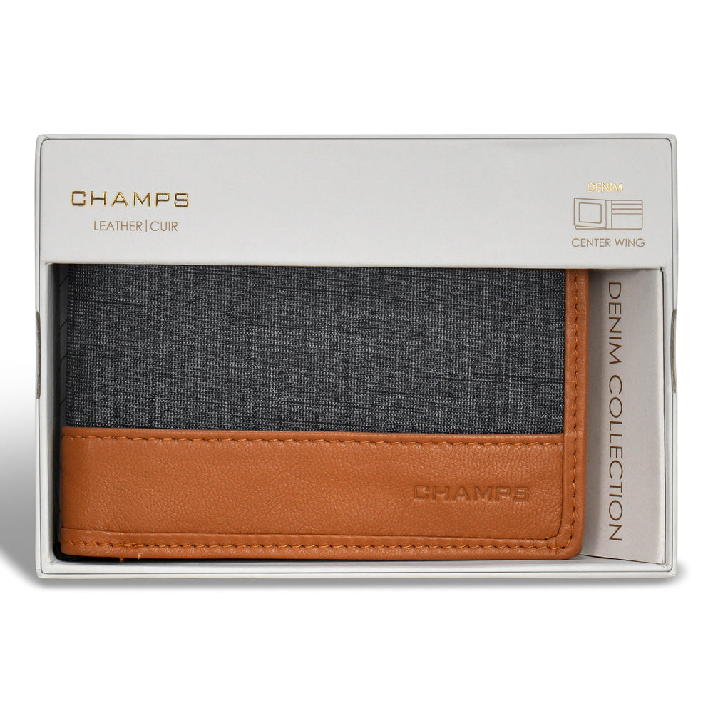 Portefeuille zippé en denim/cuir