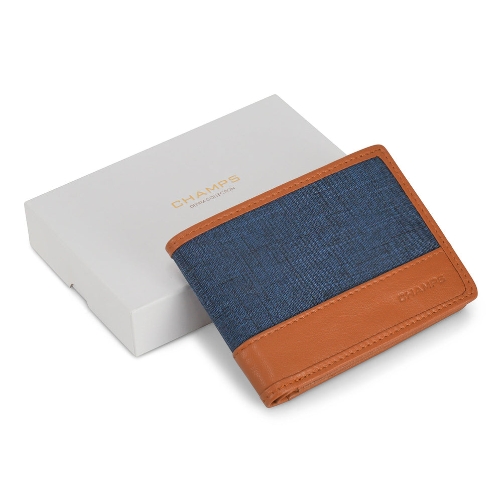 Portefeuille zippé en denim/cuir